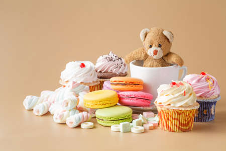 Set of colourful macaroons with toy bear. Kid morning breakfastの写真素材