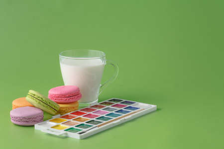 Creative kid party decoration, art concept with paint and french macaroon on green backgroundの写真素材
