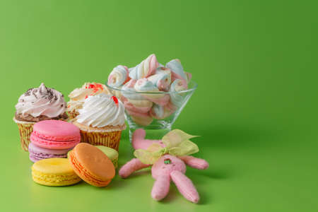 Assortment of gentle colorful macaroons on color backgroundの写真素材