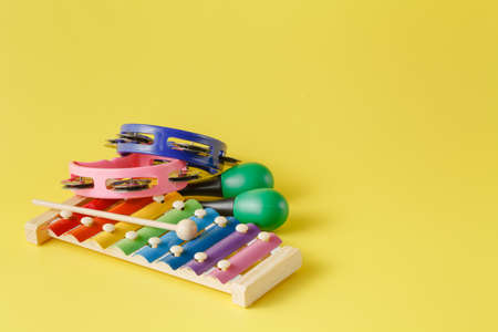 Kid creative toy. Musical instruments on bright backgroundの写真素材