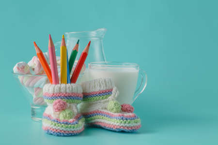 milk, twisted marshmallow and color pencilの写真素材