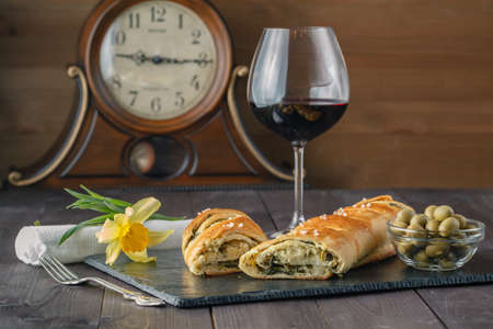 Wine set, stuffed ????? bread with glass of red wineの写真素材