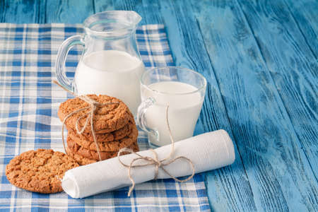 Minimal healthy breakfast with oat and milk glassの写真素材