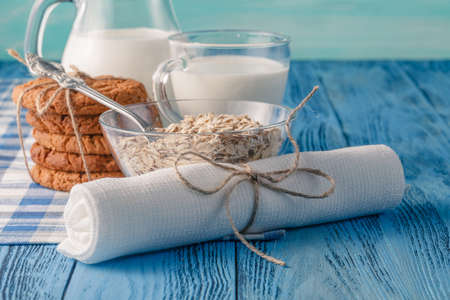 Table with healthy organic products on wooden tableの写真素材