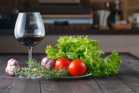 Healthy salad ingredients on rustic wooden tableの写真素材
