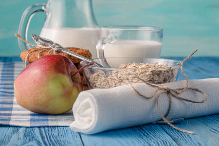 Healthy dieta concept. Organic products with fructs and milkの写真素材