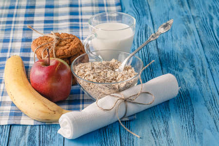 Healthy dieta concept. Organic products with fructs and milk