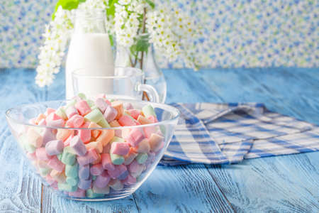 colorful Marshmallow and a glass of milkの写真素材