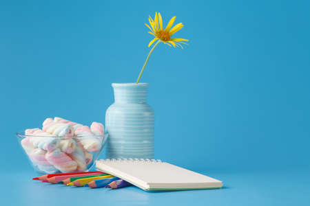 Colored pencils with white paper, twisted marshmallow and one flowerの写真素材