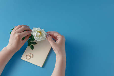 Female writing wedding invitation and see on white roseの写真素材