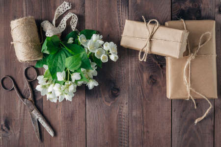 Florist workplace flowers and accessories. Top viewの写真素材