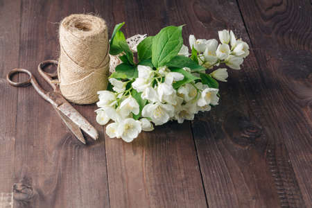 Florist workplace flowers and accessories. Top viewの写真素材