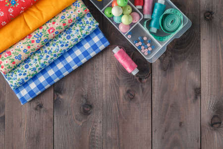 Sewing Supplies on Wood Backgroundの写真素材