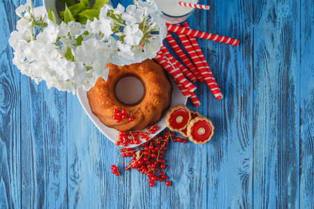 Berry cake traditional homemade sweet dessert bakery food with berries and flower decoration