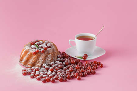 cherry cake decorated with powdered sugar and fresh berriesの写真素材