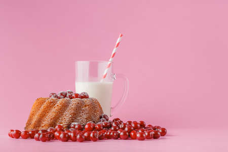 Breakfast on plain pink background with round cake and cherriesの写真素材
