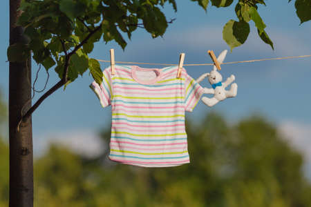 Baby clothes hanging on the clotheslineの写真素材