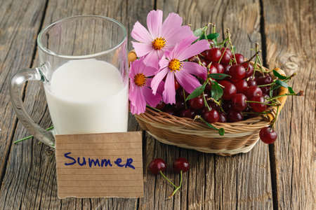 Cherry milk shake on vintage background.の写真素材