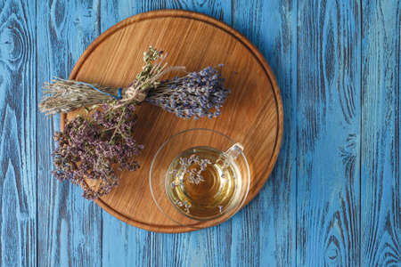 Healthy lavender herbal tea and dry lavender in jarの写真素材
