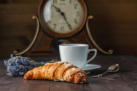 coffee and table with lavenderの写真素材