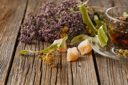 cup of healthy tea with healing herbs on wooden table, herbal medicineの写真素材
