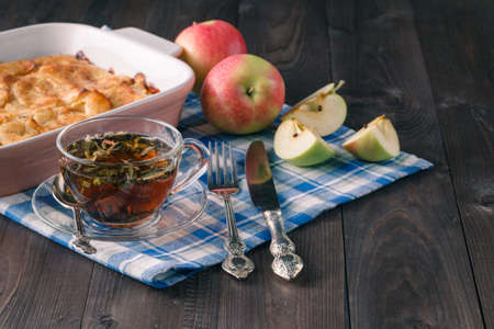 Apple pie on rustic wooden backgroundの写真素材