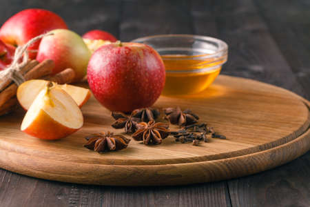 Apple tart ingredients on wood tableの写真素材