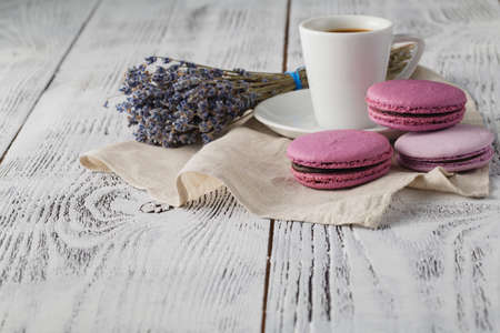 Traditional french eco-friendly dessert Macarons with espresso coffee cupの写真素材