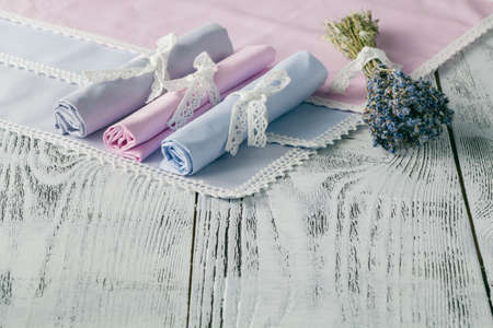 Shabby chic background with napkins and lavenderの写真素材
