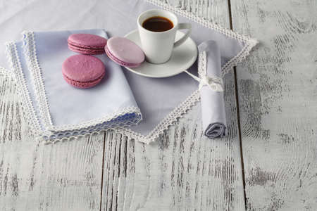 Cup of coffee serving on shabby chic backgroundの写真素材