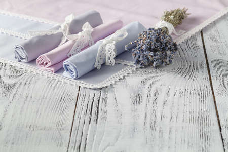 Shabby chic background with napkins and lavenderの写真素材