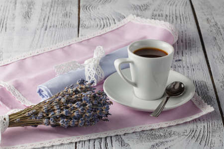 French breakfast serving on rustic wooden tableの写真素材