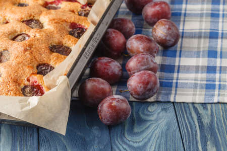 Clafoutis on wooden tableの写真素材