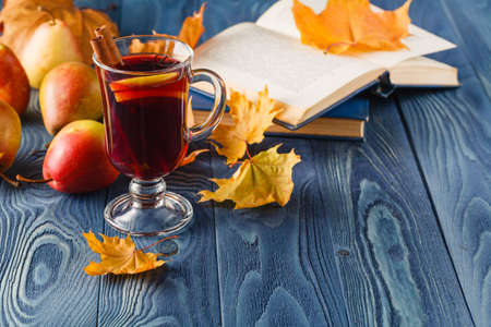 Autumn background with mulled wine and spicesの写真素材