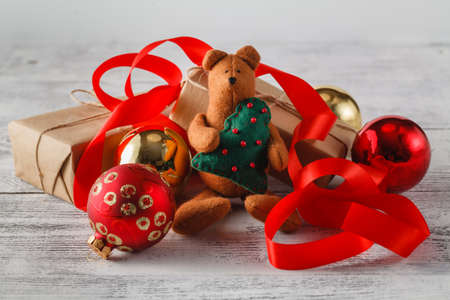 Close-up view of pine cones on old wooden backgroundの写真素材