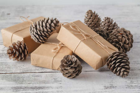 Close-up view of pine cones on old wooden backgroundの写真素材