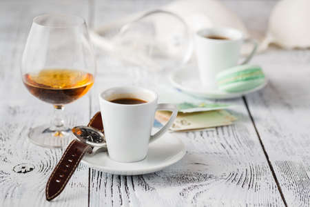 Two cups of coffee, on grey backgroundの写真素材