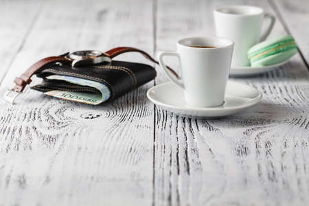 wallet with Watch and coffee cup,の写真素材