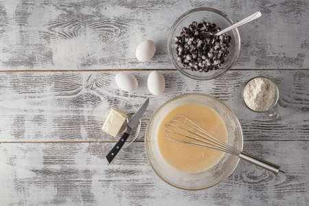 Baking and cooking concept, variety of ingredients and utensils with copy spaceの写真素材