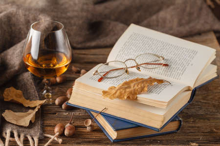 Autumn drinking time with alcohol glassの写真素材