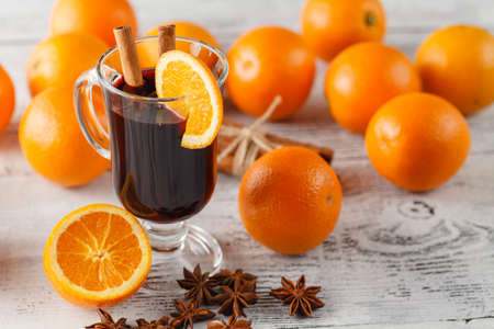 mulled wine with orangesの写真素材