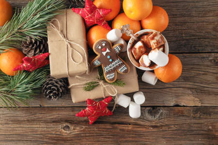 Christmas homemade gingerbread cookies and hot chocolate. Christmas Holiday background