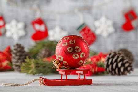 Christmas garland on rustic wooden background with copy spaceの写真素材