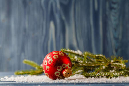 Christmas decoration with pine on blueの写真素材