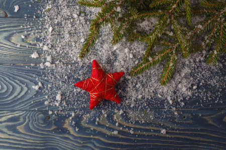 Christmas decoration with pine on blueの写真素材