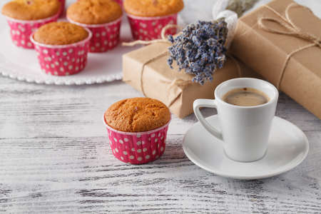 coffee muffins gift on the tableの写真素材