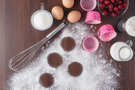 Cake baking background, ingredient, flour, copy space, top viewの写真素材