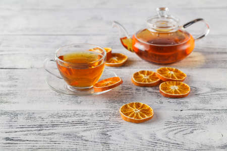 DIY winter composition with dried orange, tea glassの写真素材