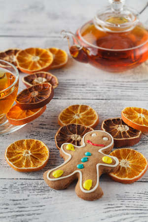 DIY winter composition with dried orange, tea glassの写真素材