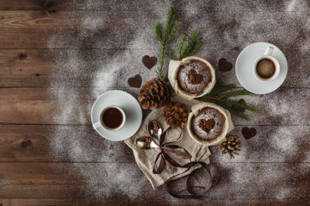 Natural Christmas Decor Fir Tree, Cinnamon, Pine cones on Wooden Background. Rustic styleの写真素材